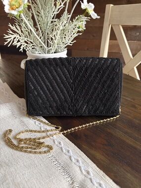Black Beaded Evening Clutch with Gold Chain Strap